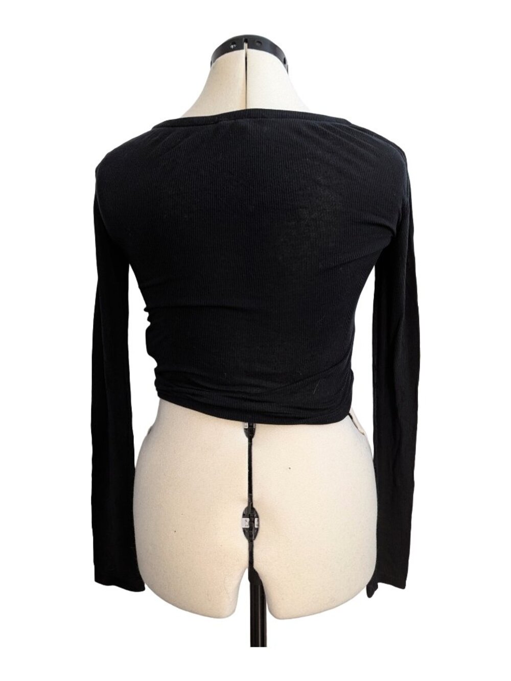 AllSaints Rina Black Ribbed Ruched Drawstring V-Neck Crop Top Only Women's S - Picture 2 of 4